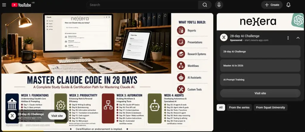 Nexera YouTube ad promoting a 28-day AI Challenge and Claude training