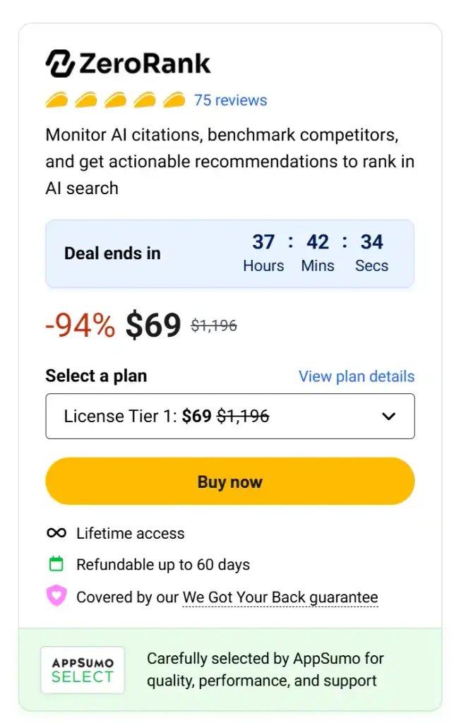 ZeroRank lifetime deal on AppSumo, showing the reference price, discount, countdown and lifetime-access offer. Screenshot: September 2026.
