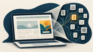 Editorial illustration of an online ad connected to a network of devices, with one smartphone selectively highlighted.