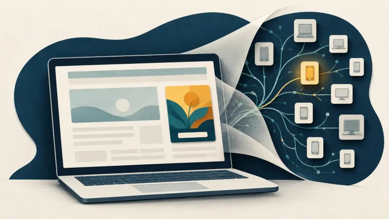 Editorial illustration of an online ad connected to a network of devices, with one smartphone selectively highlighted.