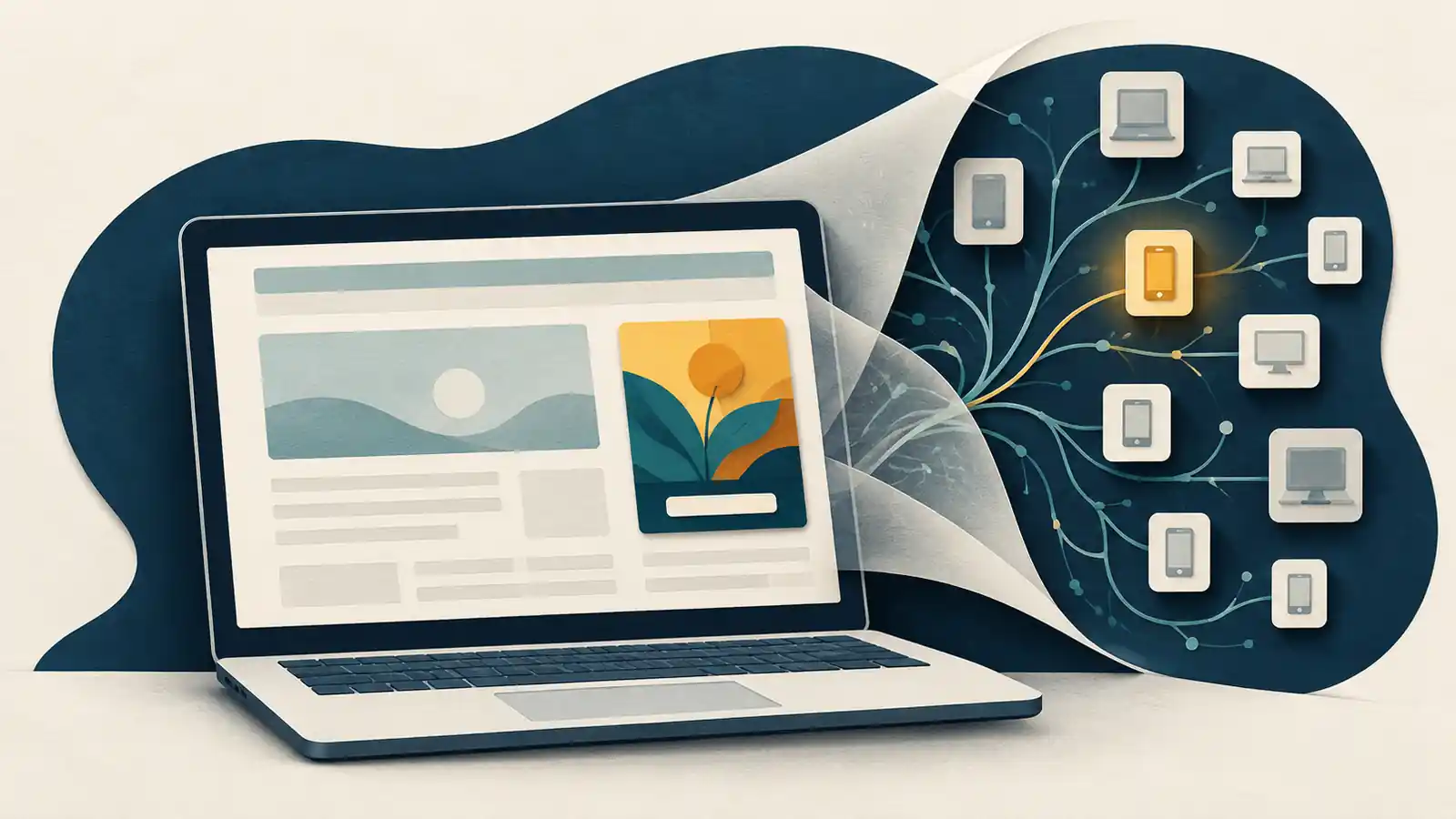 Editorial illustration of an online ad connected to a network of devices, with one smartphone selectively highlighted.