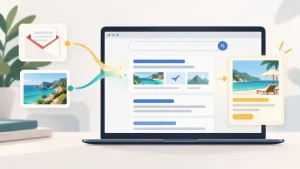 Illustration showing a personal email and travel photo informing Google Search results beside a separate ad card.