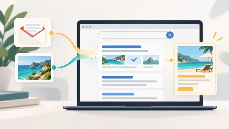 Illustration showing a personal email and travel photo informing Google Search results beside a separate ad card.