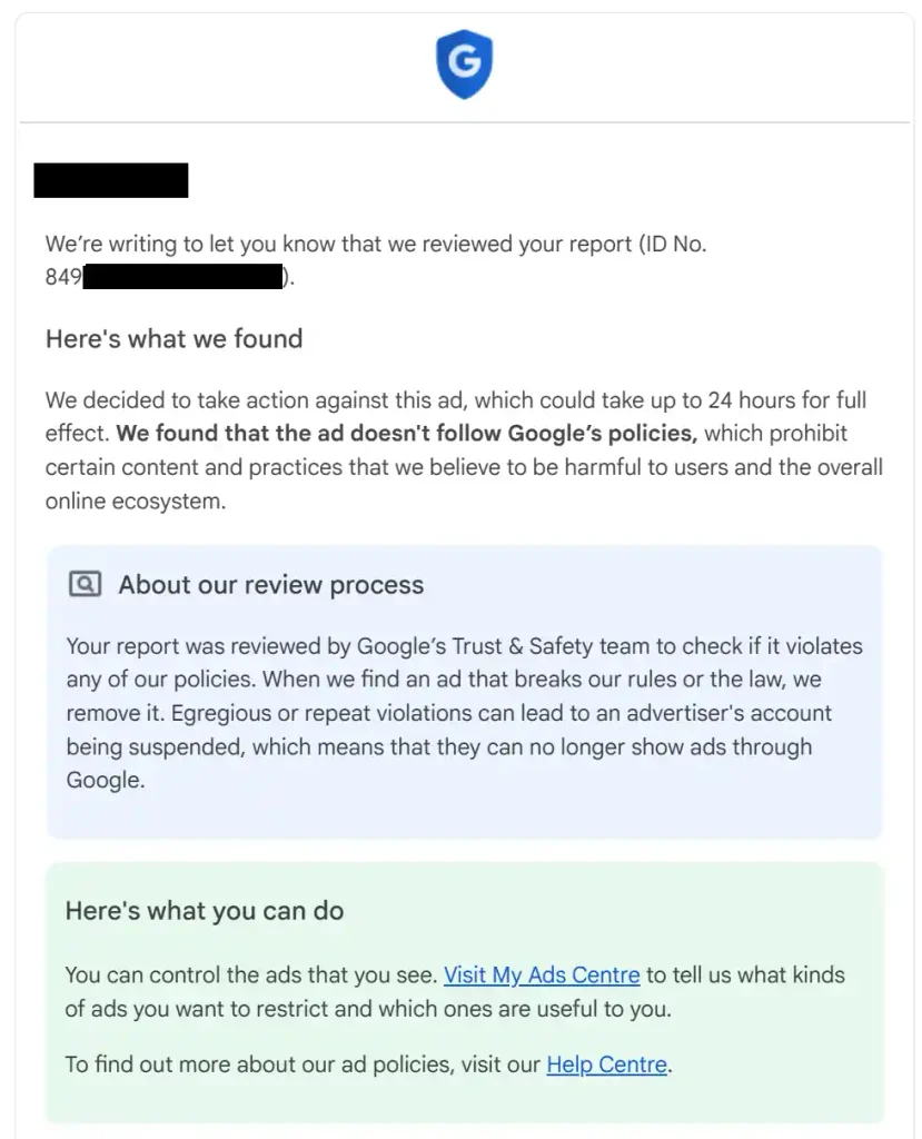 Google Trust & Safety email saying a reported ad violated policy and Google decided to take action
