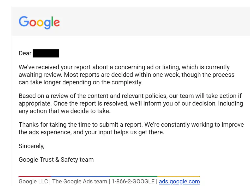 Google Trust & Safety email confirming that a reported ad is awaiting review
