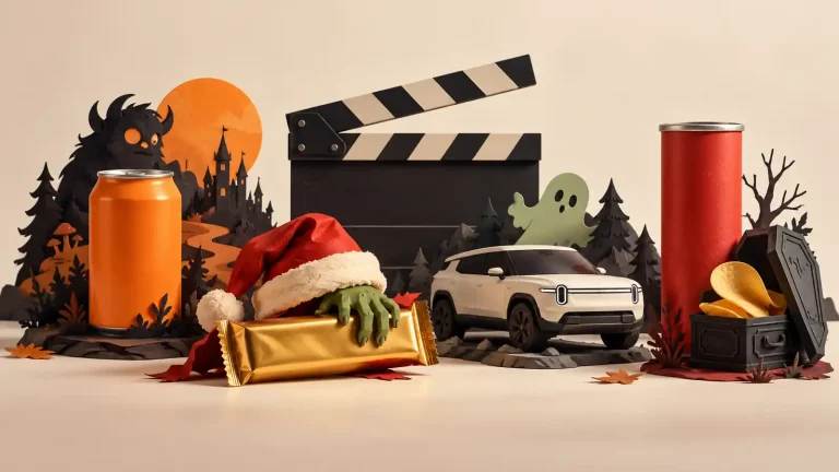 Editorial illustration of Halloween props, a drink can, a wrapped candy bar, a white SUV and a red snack tube around a film clapperboard.