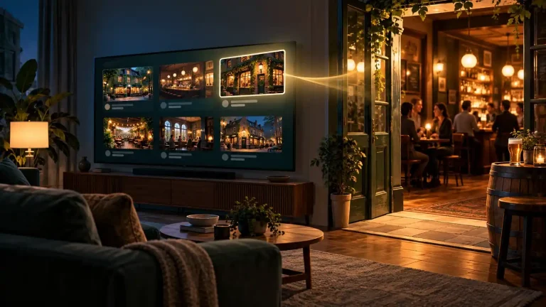 Editorial illustration of a television showing pub choices beside a warmly lit pub.