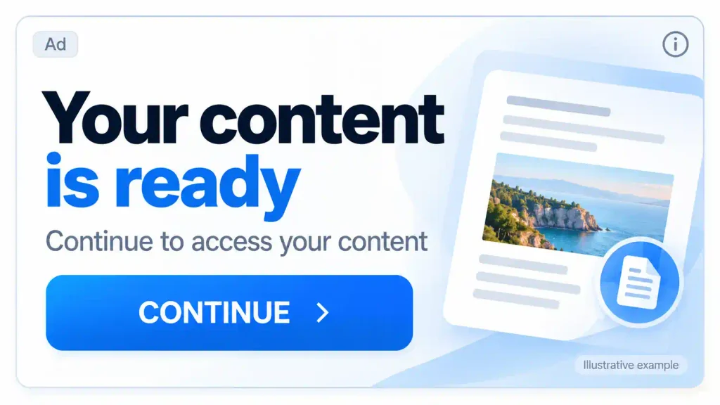 Illustrative display ad with “Your content is ready” message and Continue button