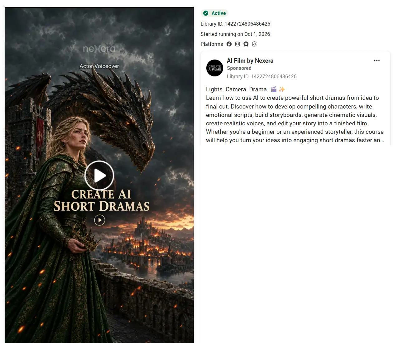 Nexera short-drama ad with a fantasy woman, dragon and the text “Create AI Short Dramas.”